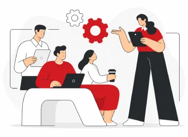 4 persons discussing together with tablets and laptops